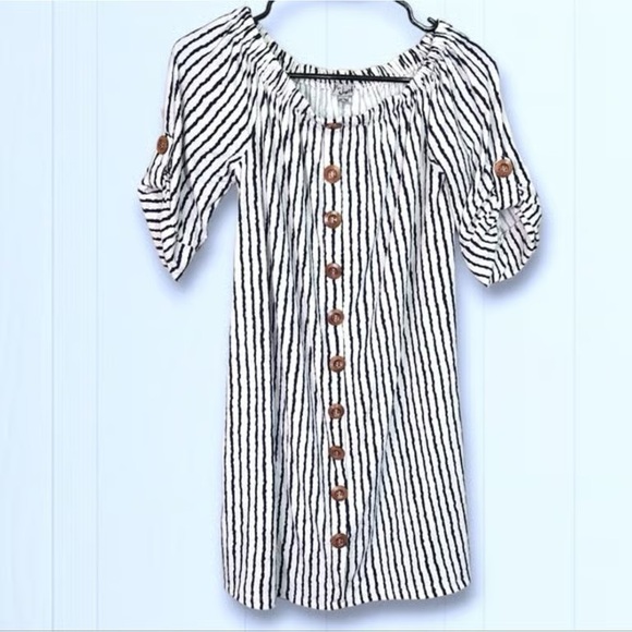 Dresses & Skirts - Striped Button-Front Off-Shoulder Dress - Black & White